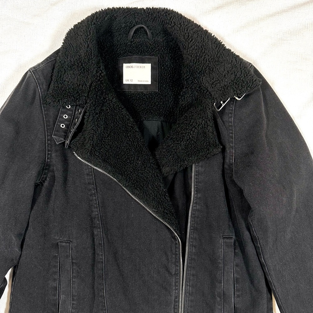 Asos Washed Denim Shearling Black Jacket Moto Biker Zip Up uk12 Large - Picture 2 of 5